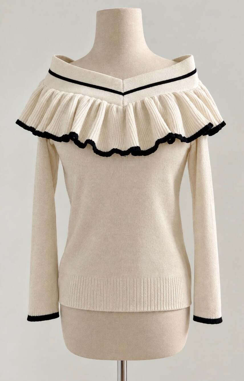Anthropologie Cream Sweater Off the Shoulder Knitted and Knotted SMALL